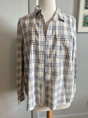 MANGO Off-White Navy Plaid Cotton Button-Down Long-Sleeve Shirt, Size L